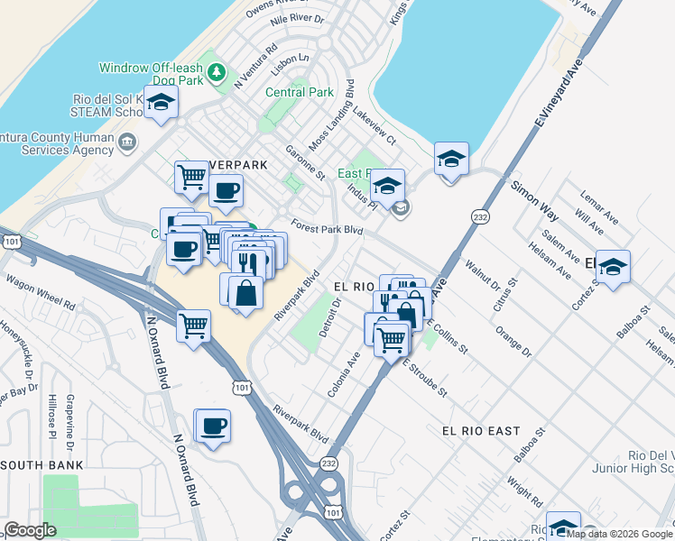 map of restaurants, bars, coffee shops, grocery stores, and more near 319 Elk River Place in Oxnard