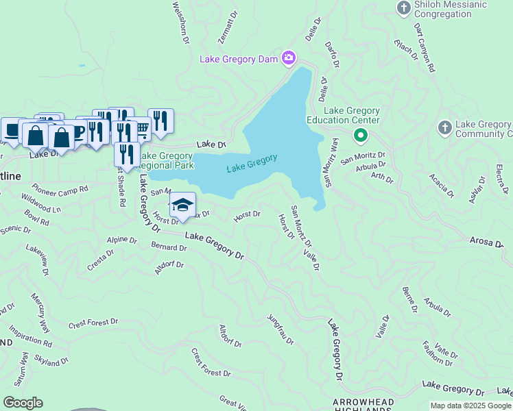 map of restaurants, bars, coffee shops, grocery stores, and more near 24466 Horst Drive in Crestline