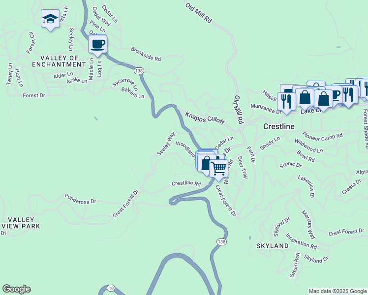 map of restaurants, bars, coffee shops, grocery stores, and more near 744 Woodland Road in Crestline