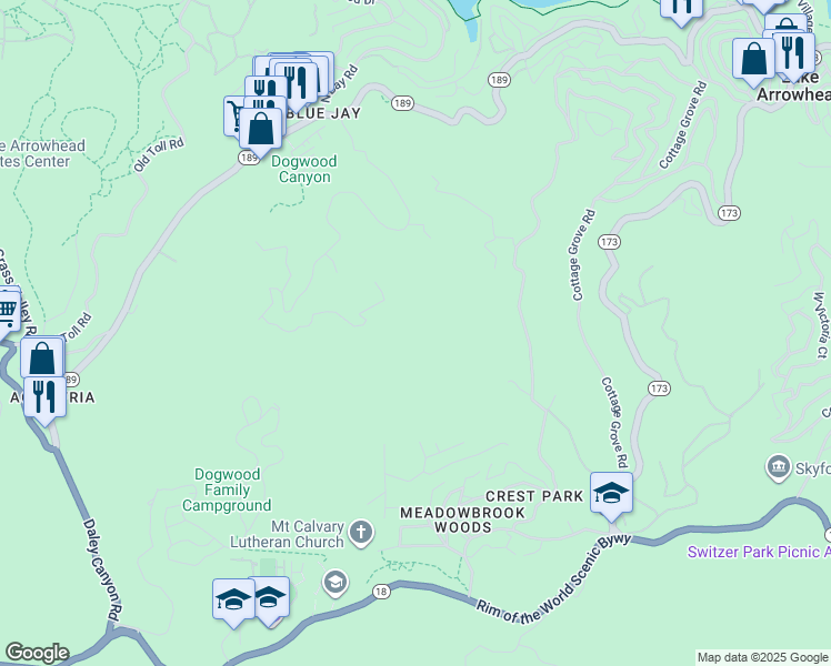 map of restaurants, bars, coffee shops, grocery stores, and more near 720 Blue Jay Canyon Road in Lake Arrowhead
