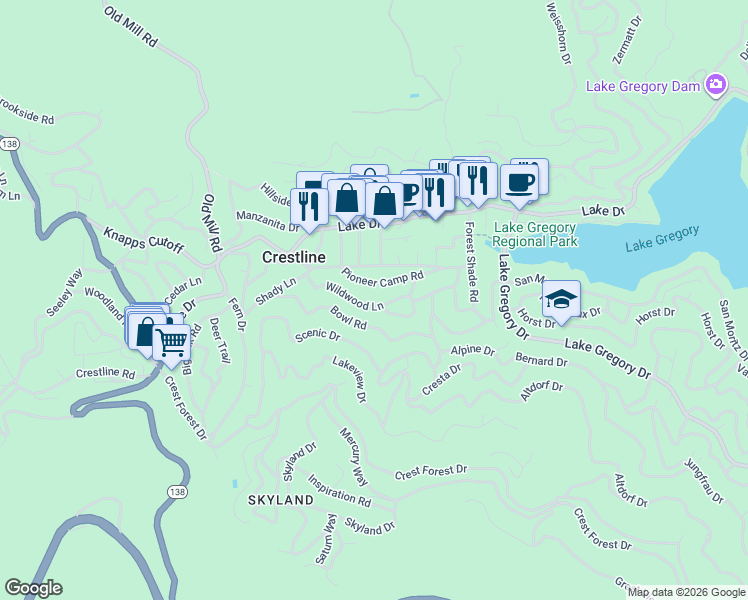 map of restaurants, bars, coffee shops, grocery stores, and more near 23886 Wildwood Lane in Crestline