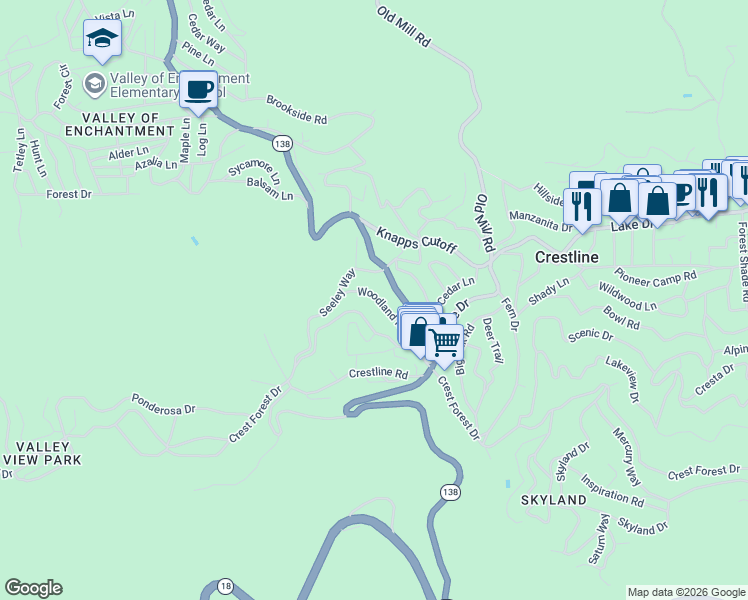 map of restaurants, bars, coffee shops, grocery stores, and more near 744 Woodland Road in Crestline