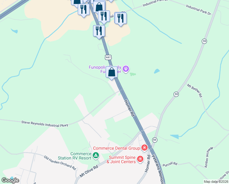 map of restaurants, bars, coffee shops, grocery stores, and more near 2597 Steve Reynolds Industrial Parkway in Commerce