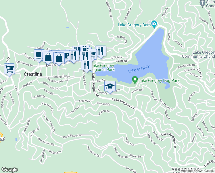 map of restaurants, bars, coffee shops, grocery stores, and more near 24232 Montreaux Drive in Crestline