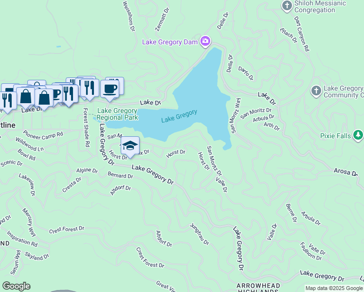 map of restaurants, bars, coffee shops, grocery stores, and more near 24466 Horst Drive in Crestline