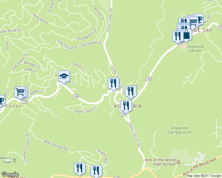 map of restaurants, bars, coffee shops, grocery stores, and more near 26716 California 189 in Twin Peaks
