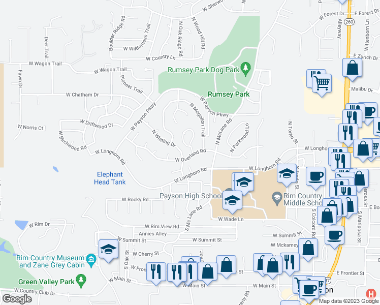 map of restaurants, bars, coffee shops, grocery stores, and more near 100 North Lookout Point in Payson