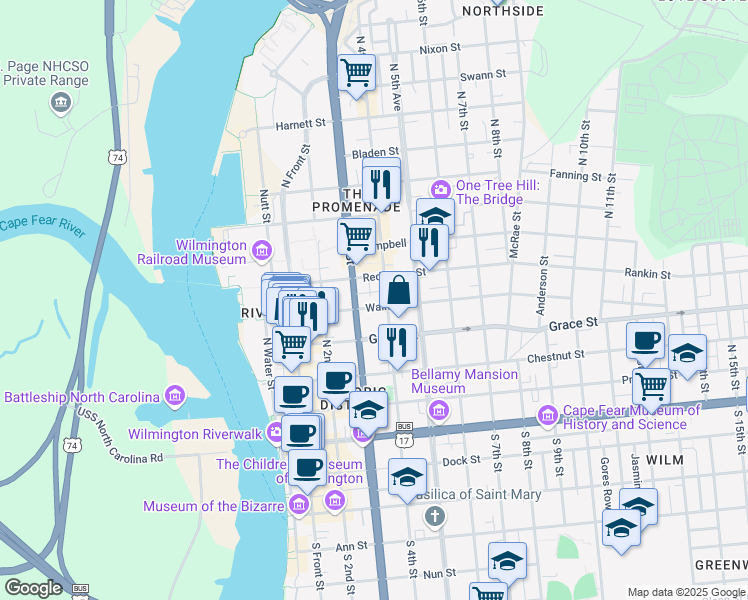 map of restaurants, bars, coffee shops, grocery stores, and more near 313 Walnut Street in Wilmington