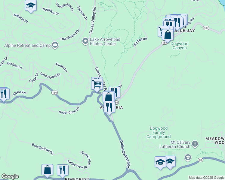 map of restaurants, bars, coffee shops, grocery stores, and more near 712 Old Toll Road in Lake Arrowhead