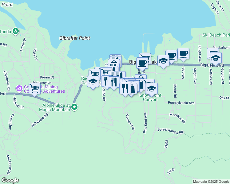 map of restaurants, bars, coffee shops, grocery stores, and more near 40645 Village Drive in Big Bear