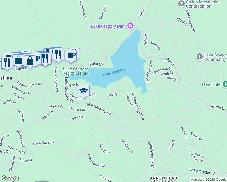 map of restaurants, bars, coffee shops, grocery stores, and more near 24441 San Moritz Drive in Crestline