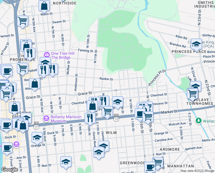 map of restaurants, bars, coffee shops, grocery stores, and more near 1205 Walnut Street in Wilmington
