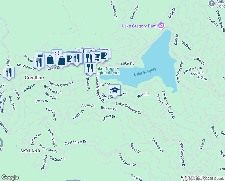 map of restaurants, bars, coffee shops, grocery stores, and more near 24232 Montreaux Drive in Crestline