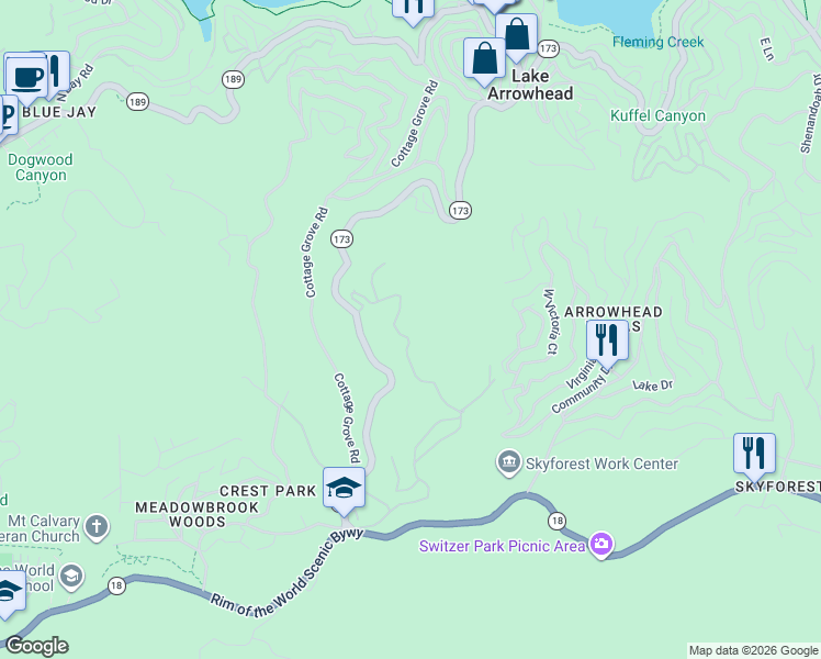 map of restaurants, bars, coffee shops, grocery stores, and more near 717 Crest Estates Drive in Lake Arrowhead