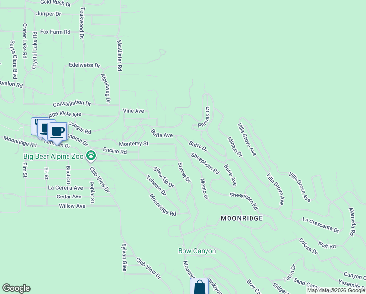 map of restaurants, bars, coffee shops, grocery stores, and more near 1090 Menlo Drive in Big Bear