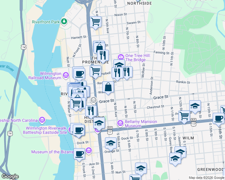 map of restaurants, bars, coffee shops, grocery stores, and more near 415 Walnut Street in Wilmington