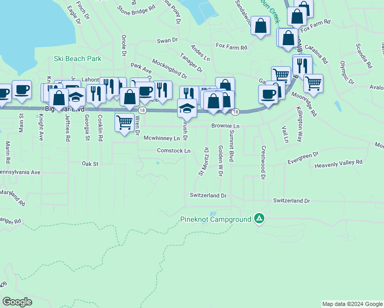 map of restaurants, bars, coffee shops, grocery stores, and more near 41735 Comstock Lane in Big Bear Lake