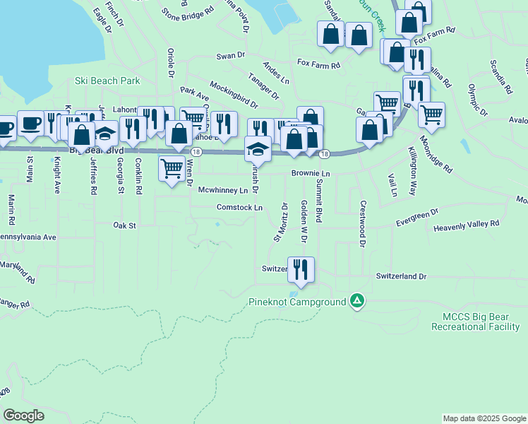 map of restaurants, bars, coffee shops, grocery stores, and more near 41735 Comstock Lane in Big Bear Lake