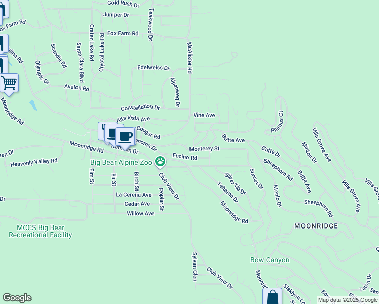 map of restaurants, bars, coffee shops, grocery stores, and more near 42895 Monterey Street in Big Bear Lake
