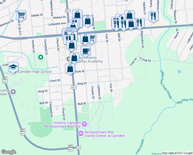 map of restaurants, bars, coffee shops, grocery stores, and more near 707 Lyttleton Street in Camden