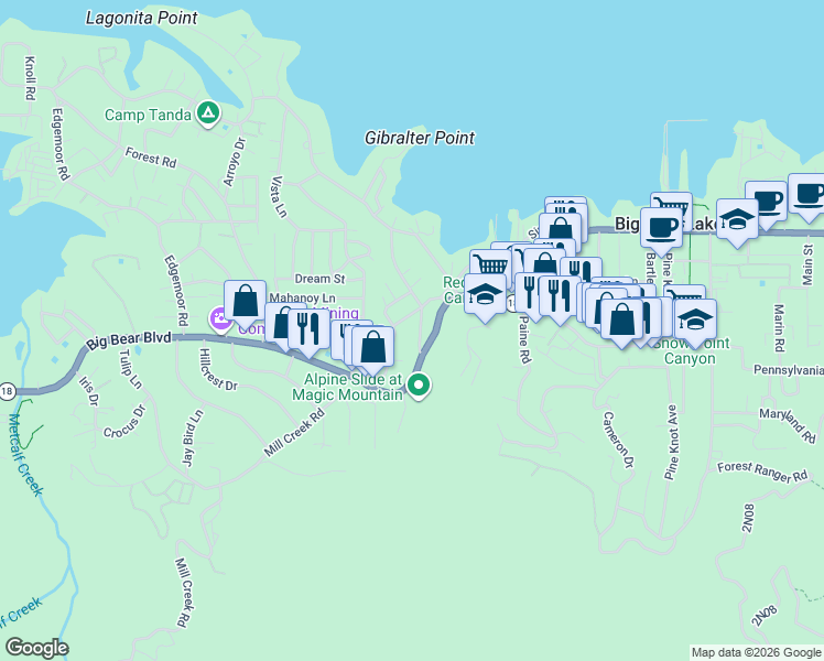map of restaurants, bars, coffee shops, grocery stores, and more near 675 Talmadge Road in Big Bear Lake