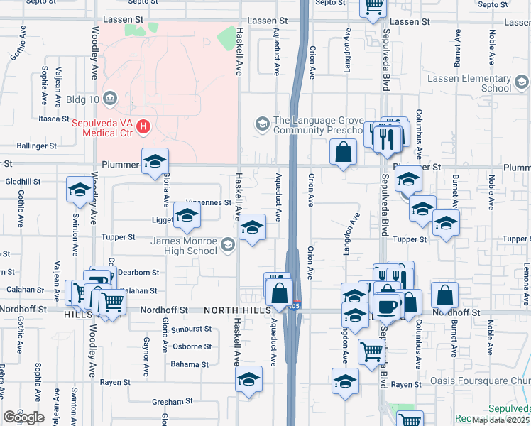 map of restaurants, bars, coffee shops, grocery stores, and more near 15714 Vincennes Street in Los Angeles