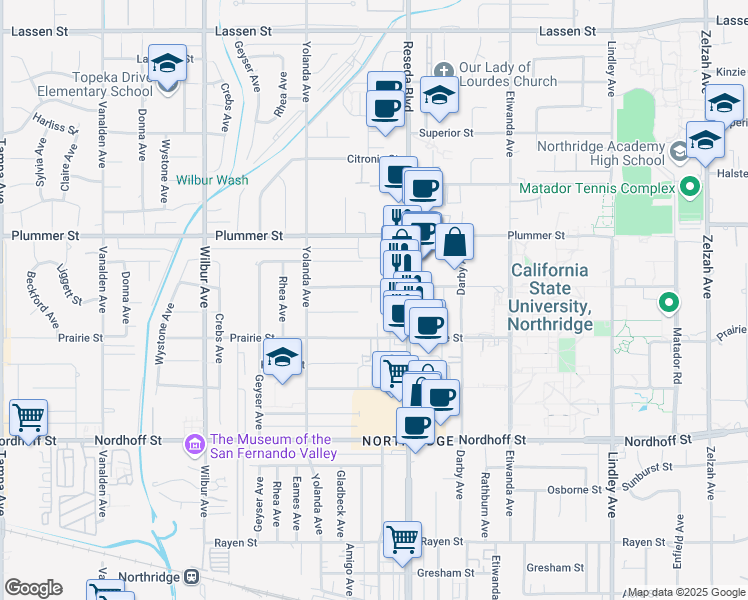 map of restaurants, bars, coffee shops, grocery stores, and more near 18540 Vincennes Street in Los Angeles