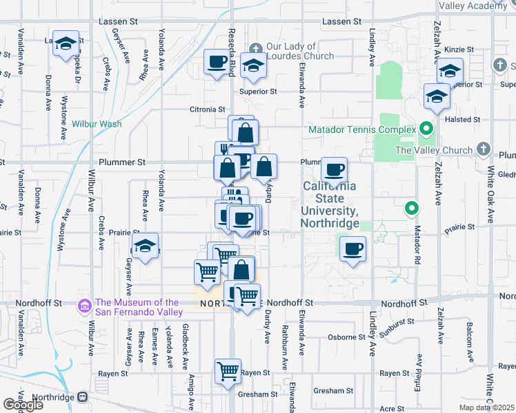 map of restaurants, bars, coffee shops, grocery stores, and more near 18414 Vincennes Street in Los Angeles