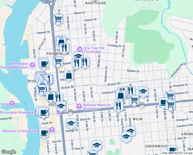 map of restaurants, bars, coffee shops, grocery stores, and more near 718 Walnut Street in Wilmington