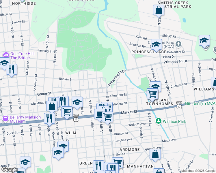 map of restaurants, bars, coffee shops, grocery stores, and more near 1721 Princess Place Drive in Wilmington