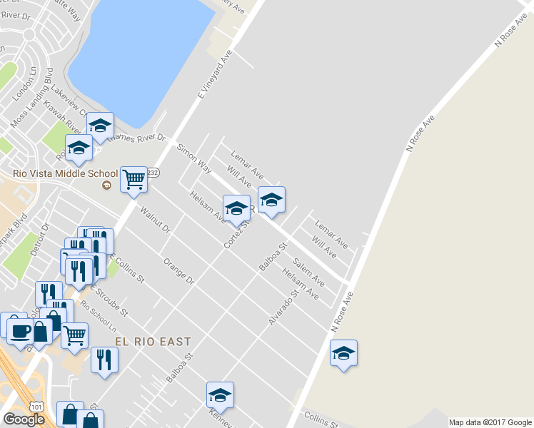 map of restaurants, bars, coffee shops, grocery stores, and more near 3411 Elaine Street in Oxnard