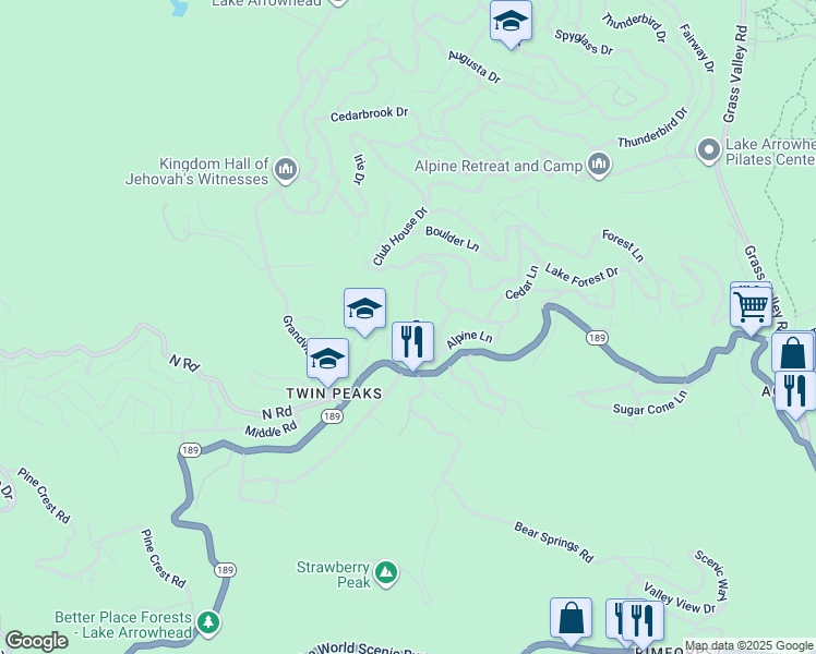 map of restaurants, bars, coffee shops, grocery stores, and more near 706 Rose Lane in Twin Peaks