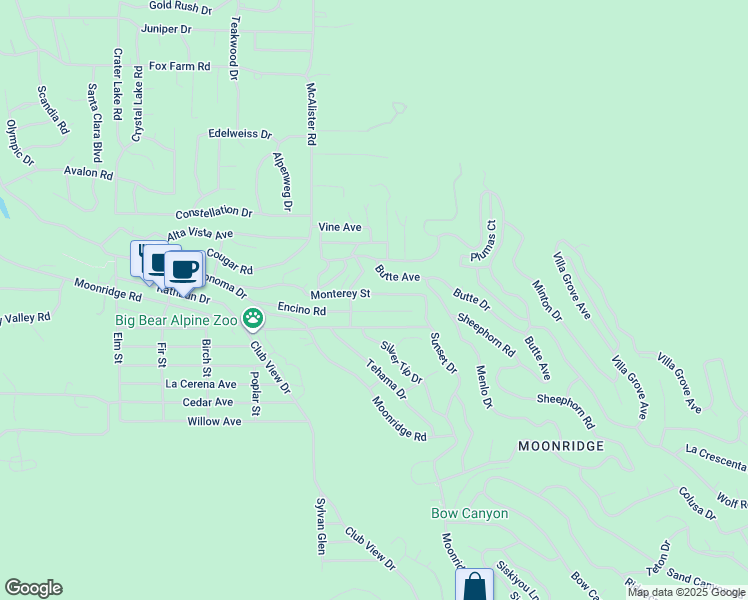 map of restaurants, bars, coffee shops, grocery stores, and more near 43025 Monterey Street in Big Bear Lake