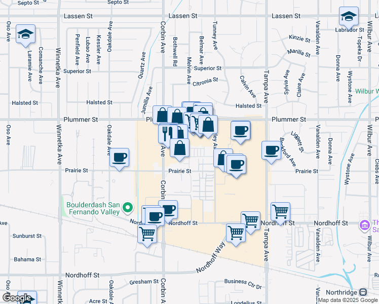 map of restaurants, bars, coffee shops, grocery stores, and more near 9398 Melvin Avenue in Los Angeles