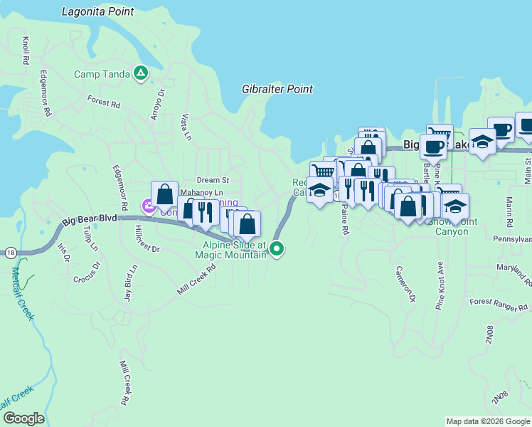 map of restaurants, bars, coffee shops, grocery stores, and more near 675 Talmadge Road in Big Bear Lake