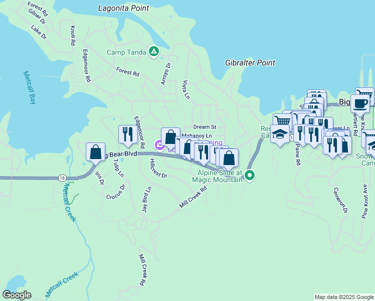map of restaurants, bars, coffee shops, grocery stores, and more near 40130 Guinan Lane in Big Bear Lake