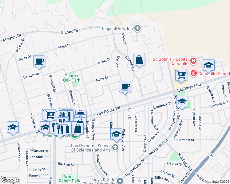 map of restaurants, bars, coffee shops, grocery stores, and more near 824 Merced Drive in Camarillo