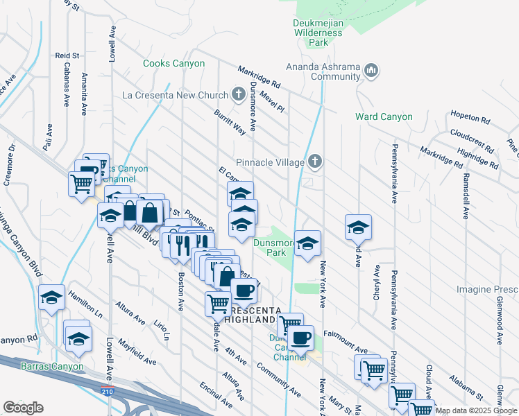 map of restaurants, bars, coffee shops, grocery stores, and more near 4810 Dunsmore Avenue in Glendale