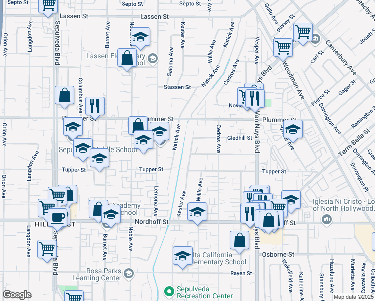map of restaurants, bars, coffee shops, grocery stores, and more near 9341 Kester Avenue in Los Angeles