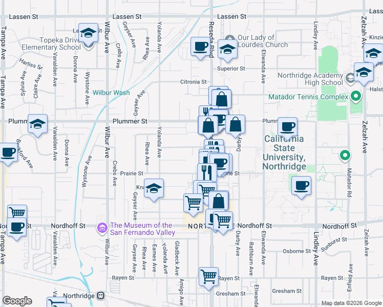 map of restaurants, bars, coffee shops, grocery stores, and more near 18540 Vincennes Street in Los Angeles