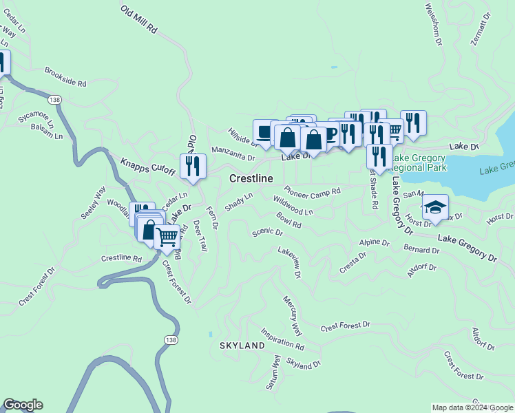 map of restaurants, bars, coffee shops, grocery stores, and more near 23754 Bowl Road in Crestline