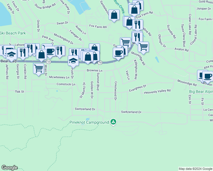 map of restaurants, bars, coffee shops, grocery stores, and more near 651 Ponderosa Drive in Big Bear Lake
