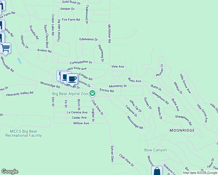 map of restaurants, bars, coffee shops, grocery stores, and more near 42895 Monterey Street in Big Bear Lake
