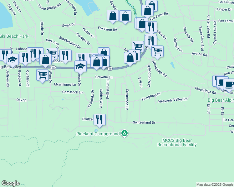 map of restaurants, bars, coffee shops, grocery stores, and more near 651 Ponderosa Drive in Big Bear Lake