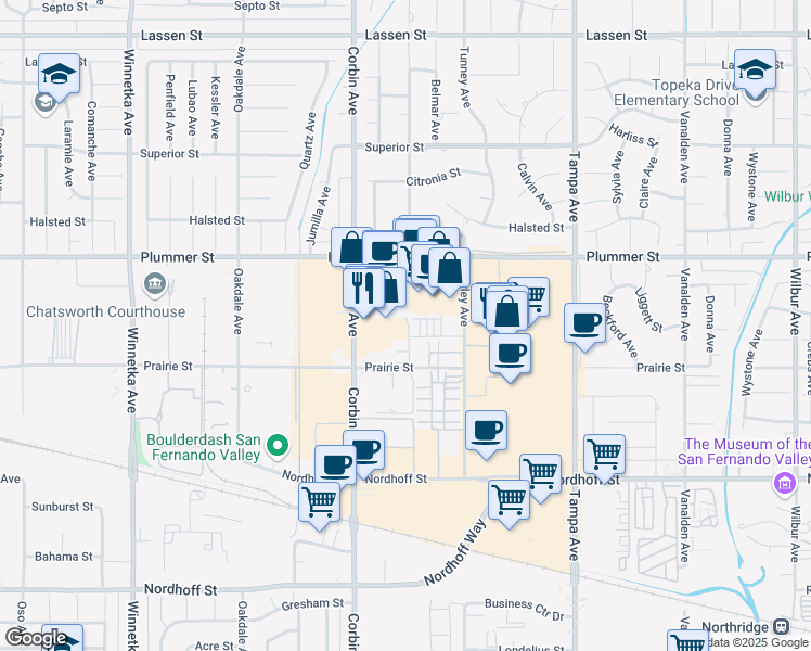 map of restaurants, bars, coffee shops, grocery stores, and more near 9398 Melvin Avenue in Los Angeles