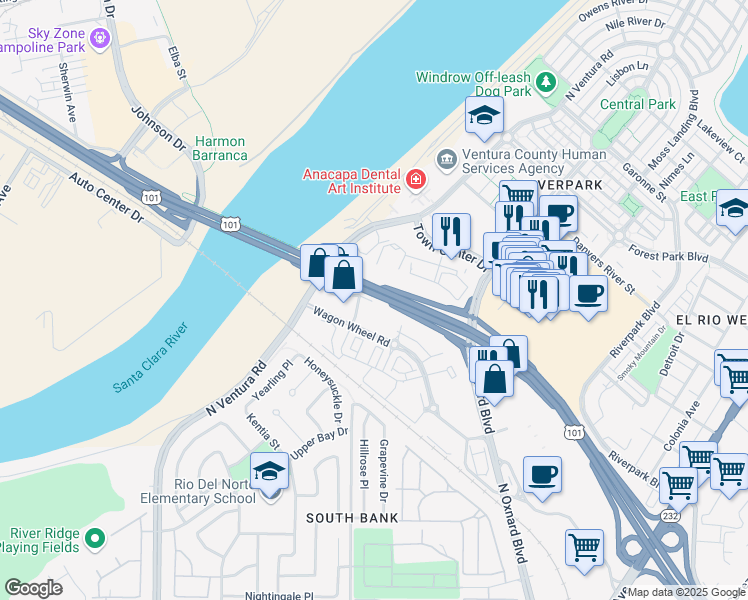 map of restaurants, bars, coffee shops, grocery stores, and more near 862 Wagon Wheel Road in Oxnard