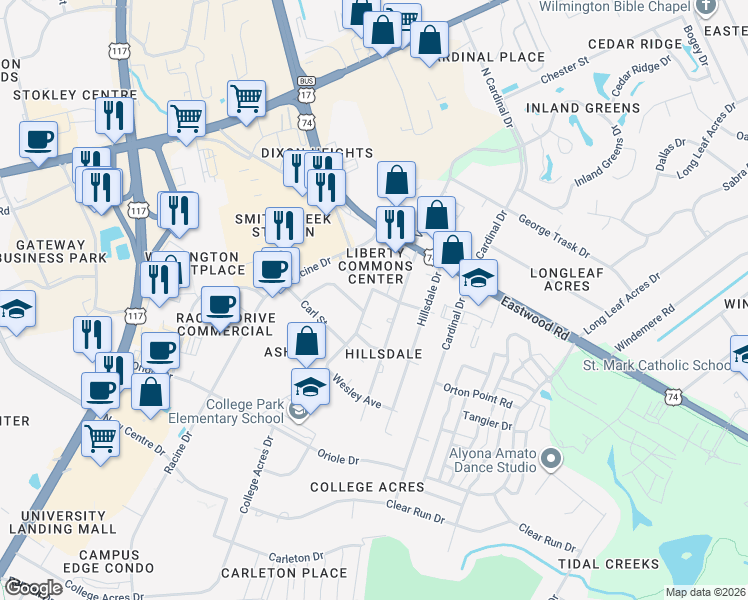 map of restaurants, bars, coffee shops, grocery stores, and more near 452 Lexington Dr in Wilmington