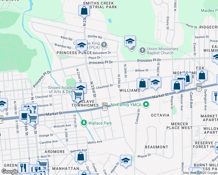 map of restaurants, bars, coffee shops, grocery stores, and more near 2410 Chestnut Street in Wilmington