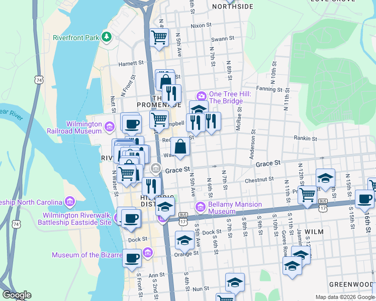 map of restaurants, bars, coffee shops, grocery stores, and more near 415 Walnut Street in Wilmington