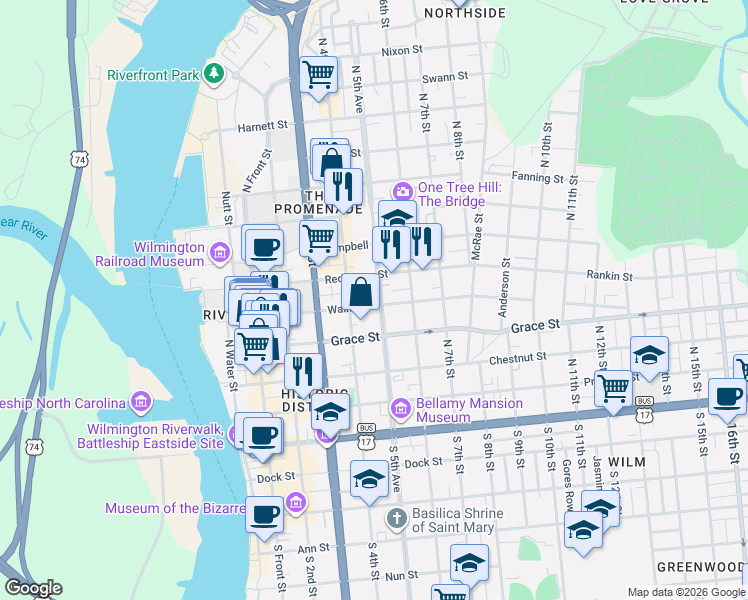 map of restaurants, bars, coffee shops, grocery stores, and more near 415 Walnut Street in Wilmington